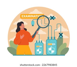 Hackers éticos. Carácter que realiza una prueba de penetración de seguridad. Blanco que explora vulnerabilidades de código para mejorar la ciberseguridad. Ilustración vectorial plana