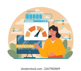 Hackers éticos. Carácter que realiza una prueba de penetración de seguridad. Blanco que explora vulnerabilidades de código para mejorar la ciberseguridad. Ilustración vectorial plana