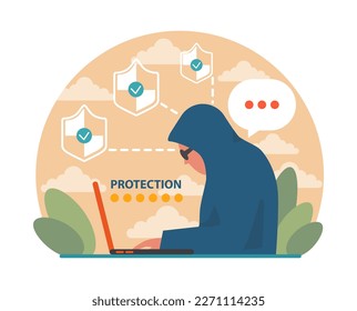 Ethical hacker. Character conducting a security penetration test. White hat exploring vulnerabilities of code to improve cyber security. Flat vector illustration