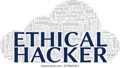 Diseño conceptual de nube de palabras Ethical Hacker aislado en fondo blanco.