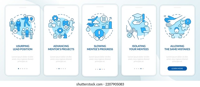 Ethical issues in mentoring blue onboarding mobile app screen. Walkthrough 5 steps editable graphic instructions with linear concepts. UI, UX, GUI template. Myriad Pro-Bold, Regular fonts used