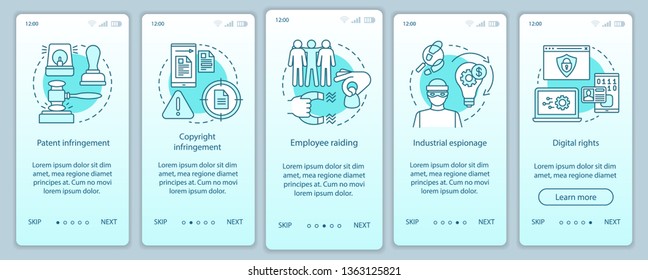 Ethical issues onboarding mobile app page screen vector template. Patent infringement, digital rights. Walkthrough website steps with linear illustrations. UX, UI, GUI smartphone interface concept