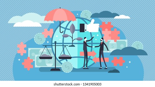 Ethical marketing vector illustration. Flat tiny responsible persons concept. Symbolic, honest and fair sustainable standard business. Moral method for company commerce. Environment friendly ideology.