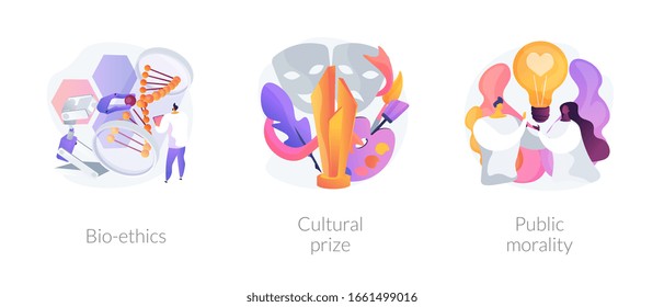 Ethical and medical issues metaphors. Bioethics, cultural prize, public morality. Philosophy and life science. Human and nature problems abstract concept vector illustration set.