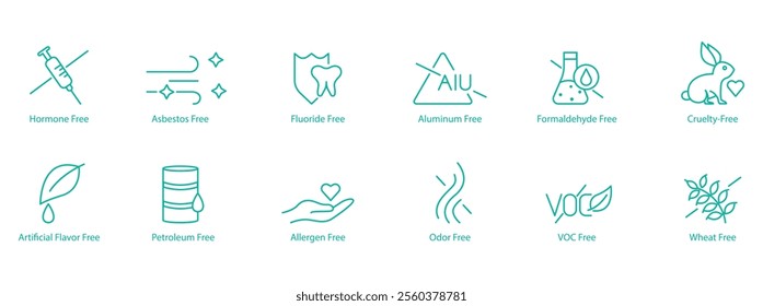 Ethical and Non-Toxic Icon Set – Hormone, Asbestos, Fluoride, Aluminum, Formaldehyde, Cruelty, Artificial Flavor, Petroleum, Allergen, Odor, VOC, and Wheat Free Vector Icons