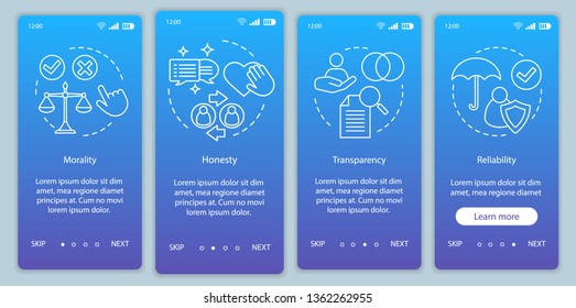 Ethical principles onboarding mobile app page screen vector template. Morality, transparency, reliability. Walkthrough website steps with linear illustrations. UX, UI, GUI smartphone interface concept