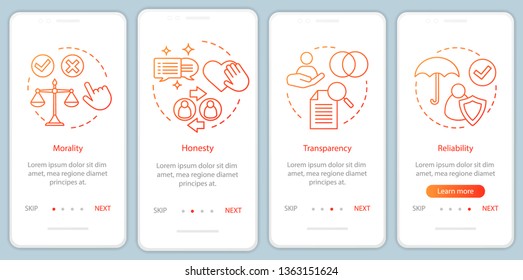 Ethical principles onboarding mobile app page screen vector template. Morality, transparency, reliability. Walkthrough website steps with linear illustrations. UX, UI, GUI smartphone interface concept