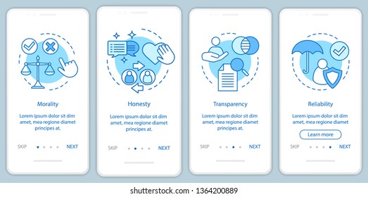 Ethical principles onboarding mobile app page screen vector template. Morality, transparency, reliability. Walkthrough website steps with linear illustrations. UX, UI, GUI smartphone interface concept