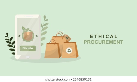 Conceito de compras móveis para aquisição ética com embalagens sustentáveis e sacos recicláveis. Práticas comerciais responsáveis de e-commerce e ambientais ideais para apresentação ética corporativa. Vetor