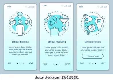 Ethical resolving onboarding mobile app page screen vector template. Ethical dilemma, moral decision. Walkthrough website steps with linear illustrations. UX, UI, GUI smartphone interface concept