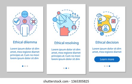 Ethical resolving onboarding mobile app page screen vector template. Ethical dilemma, moral decision. Walkthrough website steps with linear illustrations. UX, UI, GUI smartphone interface concept