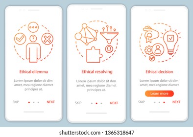 Ethical resolving onboarding mobile app page screen vector template. Ethical dilemma, moral decision. Walkthrough website steps with linear illustrations. UX, UI, GUI smartphone interface concept