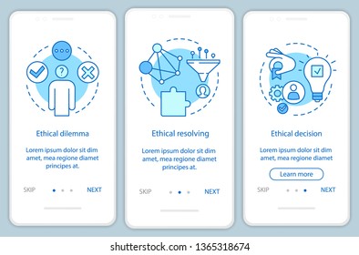 Ethical resolving onboarding mobile app page screen vector template. Ethical dilemma, moral decision. Walkthrough website steps with linear illustrations. UX, UI, GUI smartphone interface concept