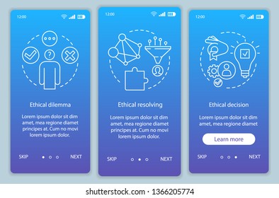 Ethical resolving onboarding mobile app page screen vector template. Ethical dilemma, moral decision. Walkthrough website steps with linear illustrations. UX, UI, GUI smartphone interface concept
