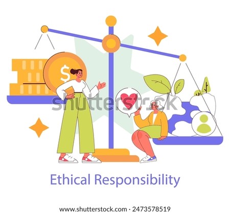 Ethical responsibility concept. Balancing profit with care for people and planet. Individuals weigh economic benefits against environmental care. Vector illustration.