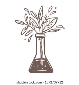 Símbolo vectorial de la ciencia ética. Matraz de vidrio químico con ramo de flores, plantas, follaje y hojas. Concepto de logotipo de experiencia farmacéutica, médica y biológica de laboratorio. Dibujo de esbozo