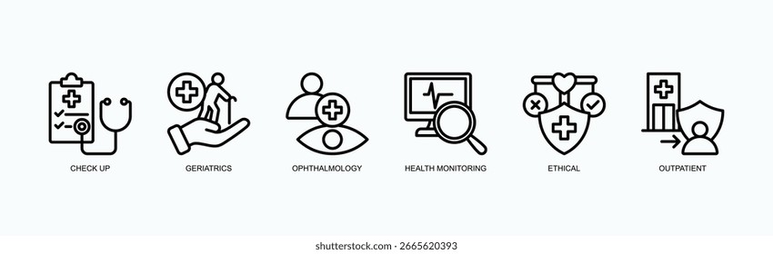 Concepto De Ilustración vectorial Aislado Con El Icono De La Revisión, Geriatría, Oftalmología, Monitoreo De La Salud, Ético, Ambulatorio, En Estilo Del Esquema