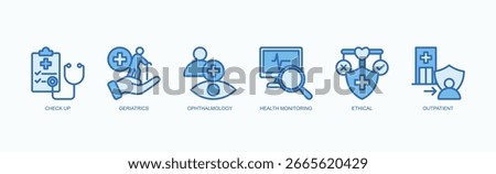 Ethical Senior Vision Icon Set Isolated Vector Illustration Concept With Icon Of Check Up, Geriatrics, Ophthalmology, Health Monitoring, Ethical, Outpatient, In Blue Style