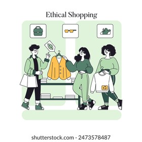 Ethical Shopping concept. Consumers choosing eco-friendly clothing items to promote sustainability. Green fashion, responsible consumerism, and eco-consciousness. Vector illustration.