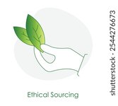 Ethical Sourcing Icon – Hand Holding a Leaf with a Check Mark, Representing Responsible Sourcing in Fashion.