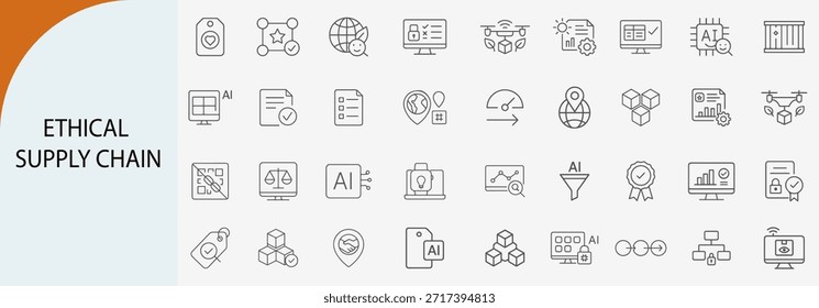 ethical supply chain and transparent logistics line icon set, AI powered tracking and sustainable trade symbols, flat vector illustration