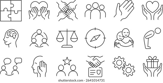 Ethical Values Stroke Icon Set. Includes Empathy, Communication, and Teamwork Symbols. Editable Outline Collection.
