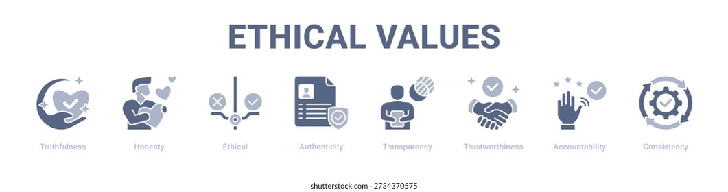 Concepto de Ilustración vectorial de ícono de Anuncio de Web de valores éticos, con ícono de veracidad, honestidad, ética, autenticidad, transparencia, confiabilidad.