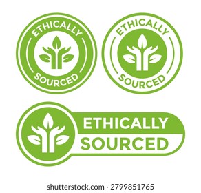 Ethically sourced product stamp emblem with eco friendly green leaves growing.