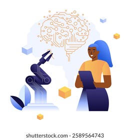 The Ethics of AI. Human-robot interaction with a robotic arm and tablet, representing ethical considerations in artificial intelligence. Highlights the balance between innovation and responsibility