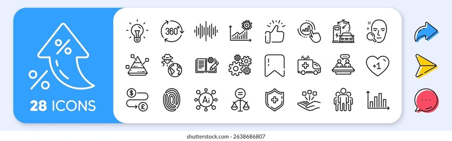 Ethics, Ambulance car and Group line icons. Interest rate, AI generate, Inflation icons. Pack of Coronavirus statistics, Charging station, Sound wave icon. Vector