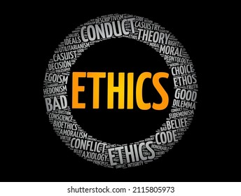 Ethics - branch of philosophy that involves systematizing and recommending concepts of right and wrong behavior, word cloud concept background svg