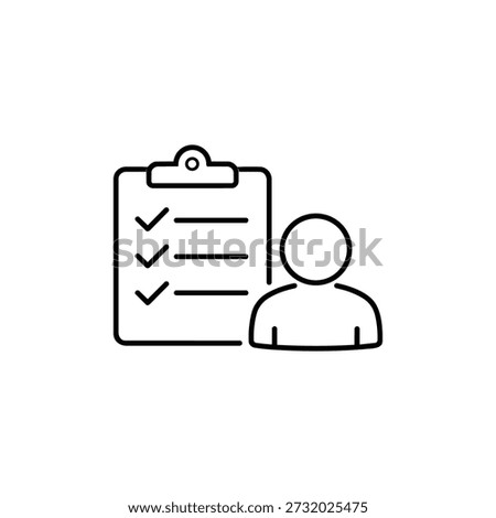 Ethics checklist icon with person black and white vector line illustration for compliance and moral standards