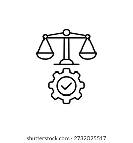 Ética e conformidade ícone de vetor preto e branco com balanças de justiça e verificação de qualidade em símbolo de engrenagem