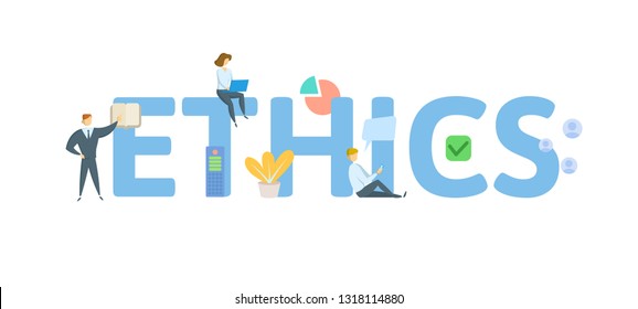 ETHICS. Concept with people, letters and icons. Colored flat vector illustration. Isolated on white background.