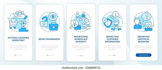 Ethics in customer dealings blue onboarding mobile app screen. Walkthrough 5 steps editable graphic instructions with linear concepts. UI, UX, GUI template. Myriad Pro-Bold, Regular fonts used