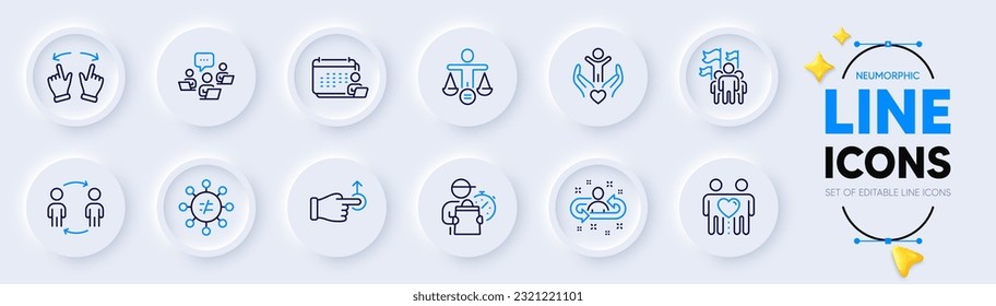 Ethics, Discrimination and Drag drop line icons for web app. Pack of Teamwork, Recruitment, Friends couple pictogram icons. Accounting, Move gesture, Delivery man signs. Volunteer. Vector