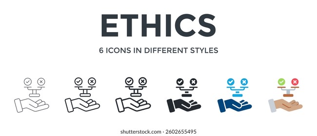 Ethics Icon In Different Style Vector Illustration. Designed In Thin Line, Regular Line, Bold Line, Glyph, Color Fill, And Flat Style Can Be Used For Web