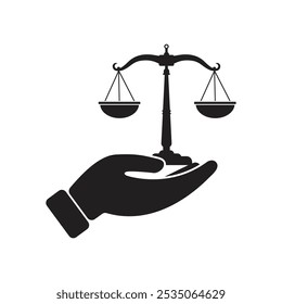 Ethics icon , law and justice. scale and hand line symbol .Vector linear illustration. Isolated.