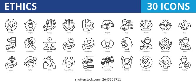 Ethics icon pack collection set for attitude and behaviour. With honesty, integrity, fairness, justice, truth, respect, duty, morality, virtue, trust, accountability, transparency, equality, honor