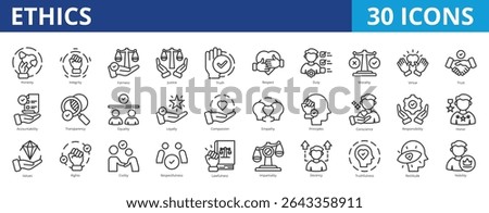Ethics icon pack collection set for attitude and behaviour. With honesty, integrity, fairness, justice, truth, respect, duty, morality, virtue, trust, accountability, transparency, equality, honor