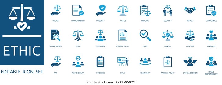 Conjunto de Ícones de Ética. apresentando Justiça, Conformidade, Política Ética, Valores Sociais e Conceitos Legais de Responsabilidade.