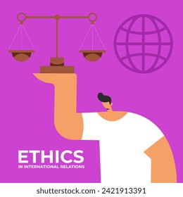 Ethics in international relations. Man holds a scale in an international court. Negotiation process, diplomatic event. Flat vector illustration.