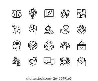 Ethics And Justice Vector Icon Set | Adjustable Line Weight | Equality, human rights, law, peace, freedom, democracy, voting, sustainability, diversity, solidarity, empowerment, activism icons