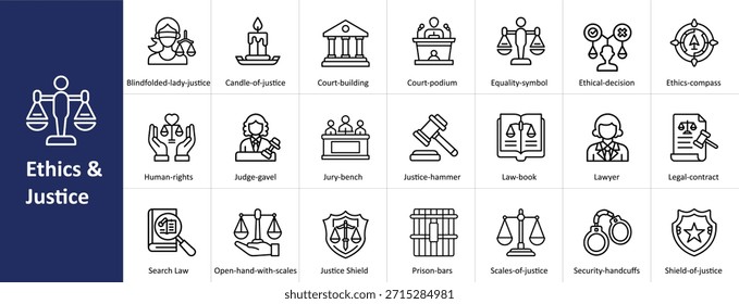 Conjunto de íconos de Vector de ética y justicia con conceptos de ley, moralidad y sistema legal