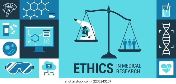 Ethics in medical research and healthcare: weight scale with microscope on one side and people on the other