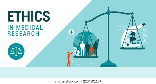 Ethics in medical research: weight scale with microscope on one side and people on the other