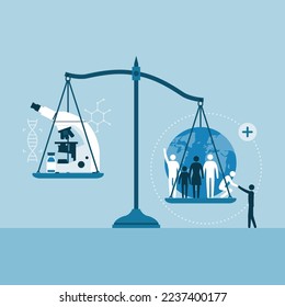 Ethics in medical research: weight scale with microscope on one side and people on the other