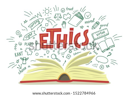 Ethics. Open book with moral philosophy hand drawn doodles and lettering on white background. Education vector illustration