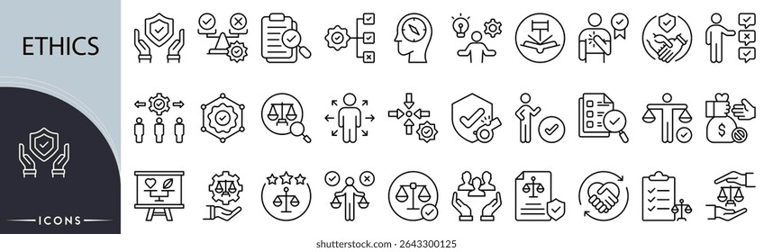 Ethics related icon collections. Containing integrity, honesty, values, trust, responsibility, fairness, compliance, morals, principles, accountability icons. Outline icons.
