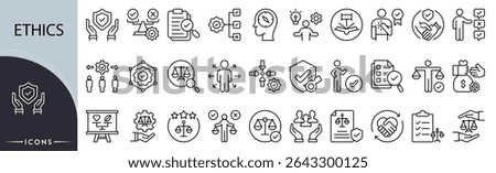 Ethics related icon collections. Containing integrity, honesty, values, trust, responsibility, fairness, compliance, morals, principles, accountability icons. Outline icons.